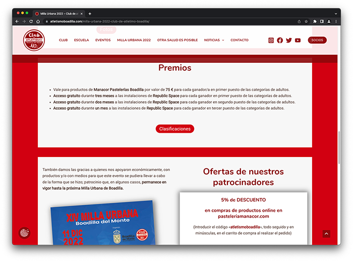 Web del Club de atletismo Boadilla del Monte. Vista de ordenador.