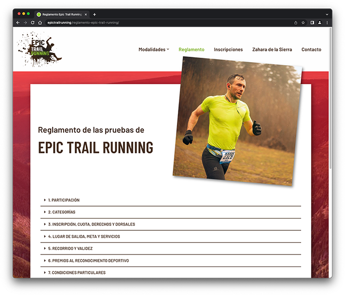 Web de Epic trail running. Vista de ordenador.